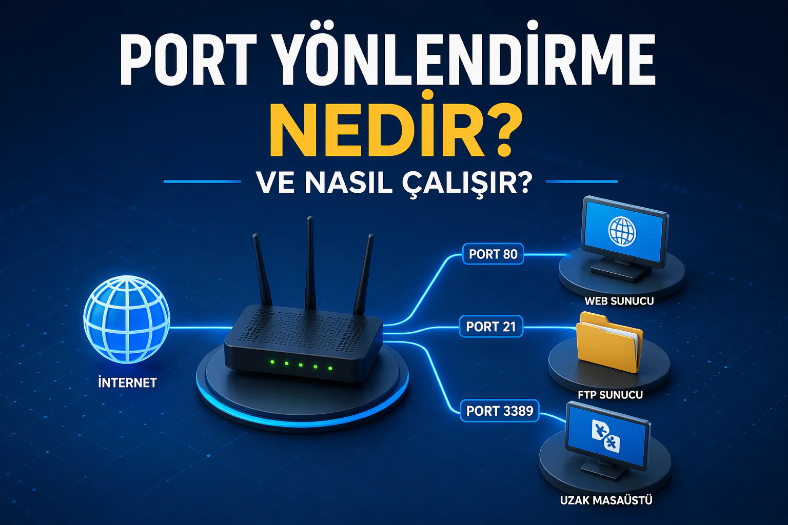 Port Yönlendirme Nedir? modem ve cihazlar arasında veri yönlendirme sürecini gösteren şema
