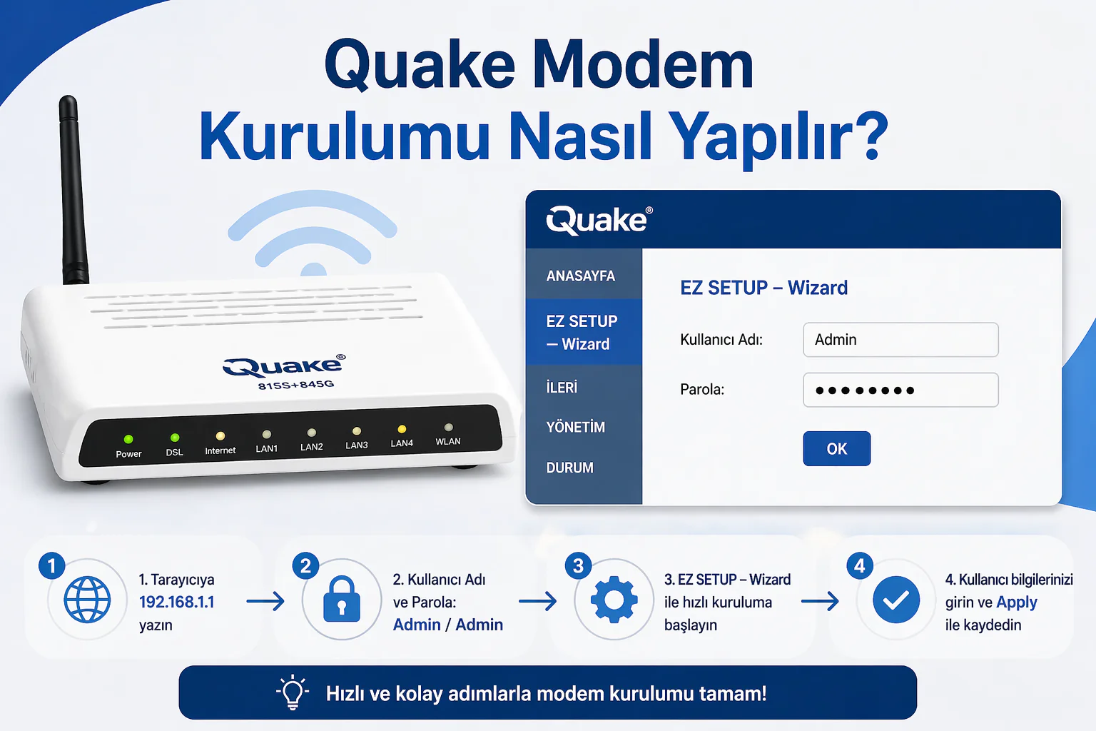 quake modem kurulumu arayüzünde kullanıcı adı şifre girme ve hızlı kurulum ekranı