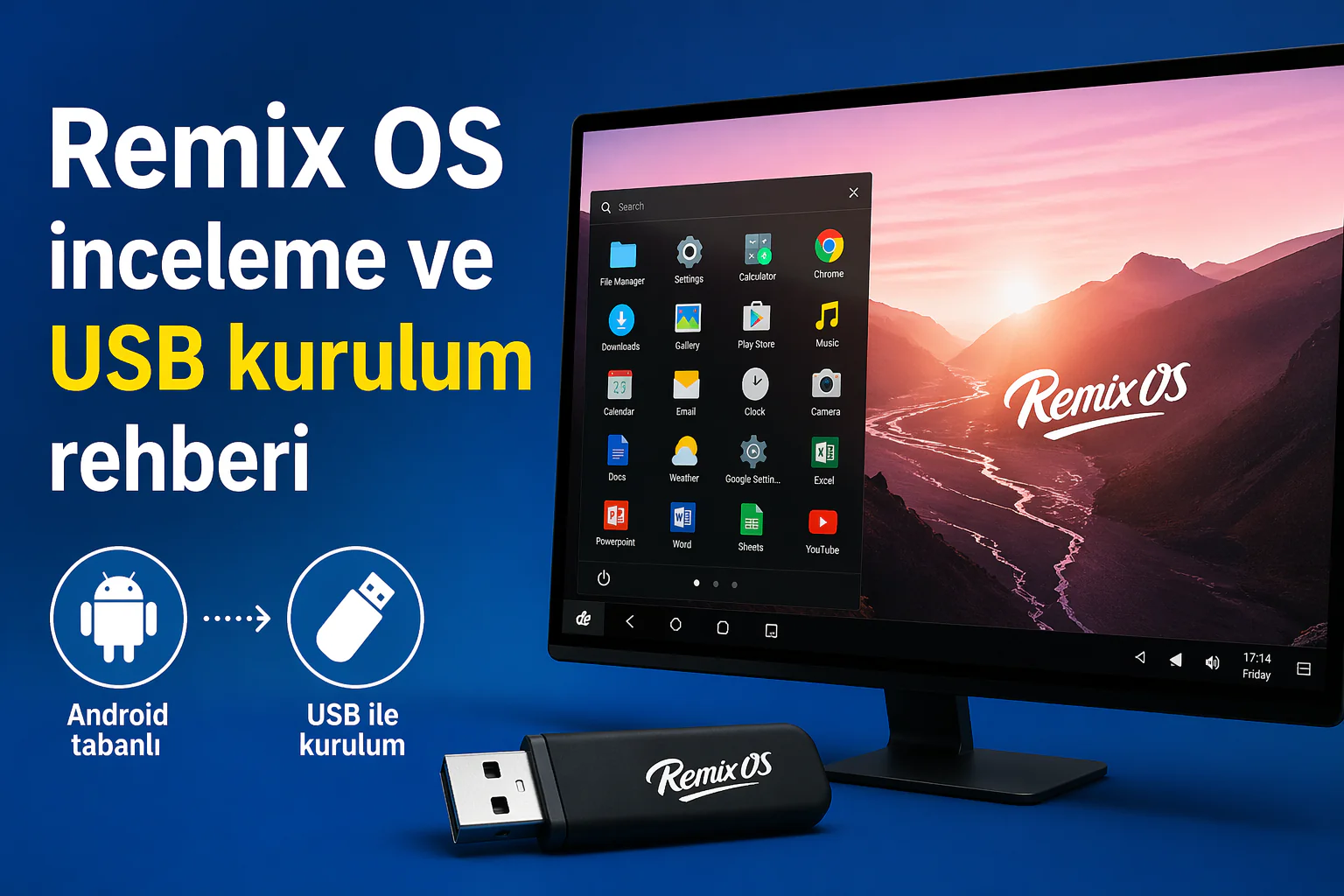 Remix OS USB kurulum ekranı ve masaüstü arayüzü adımlarını gösteren görsel