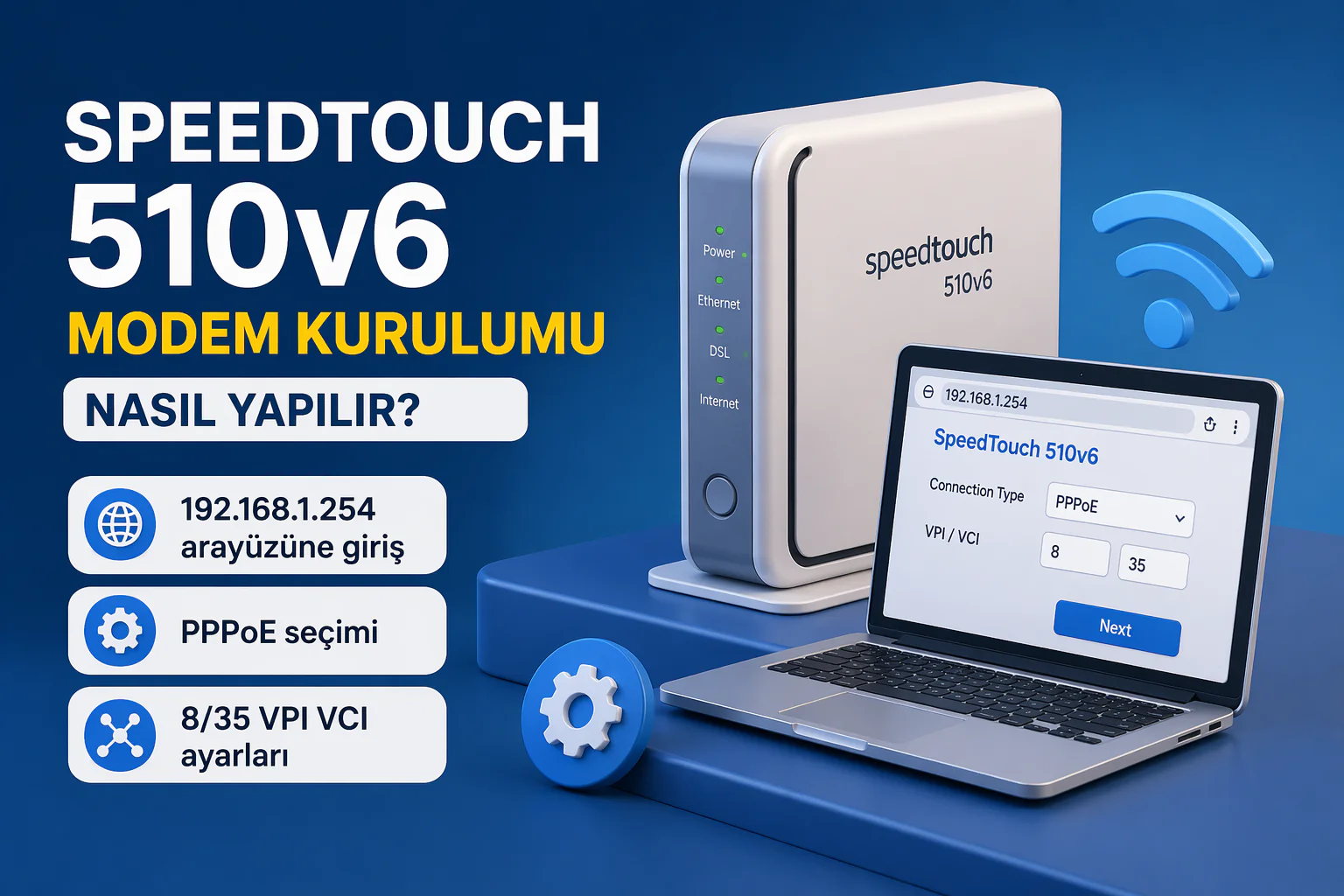 Speedtouch 510v6 modem kurulumu ekranında PPPoE ayarları ve VPI VCI değerleri gösterimi
