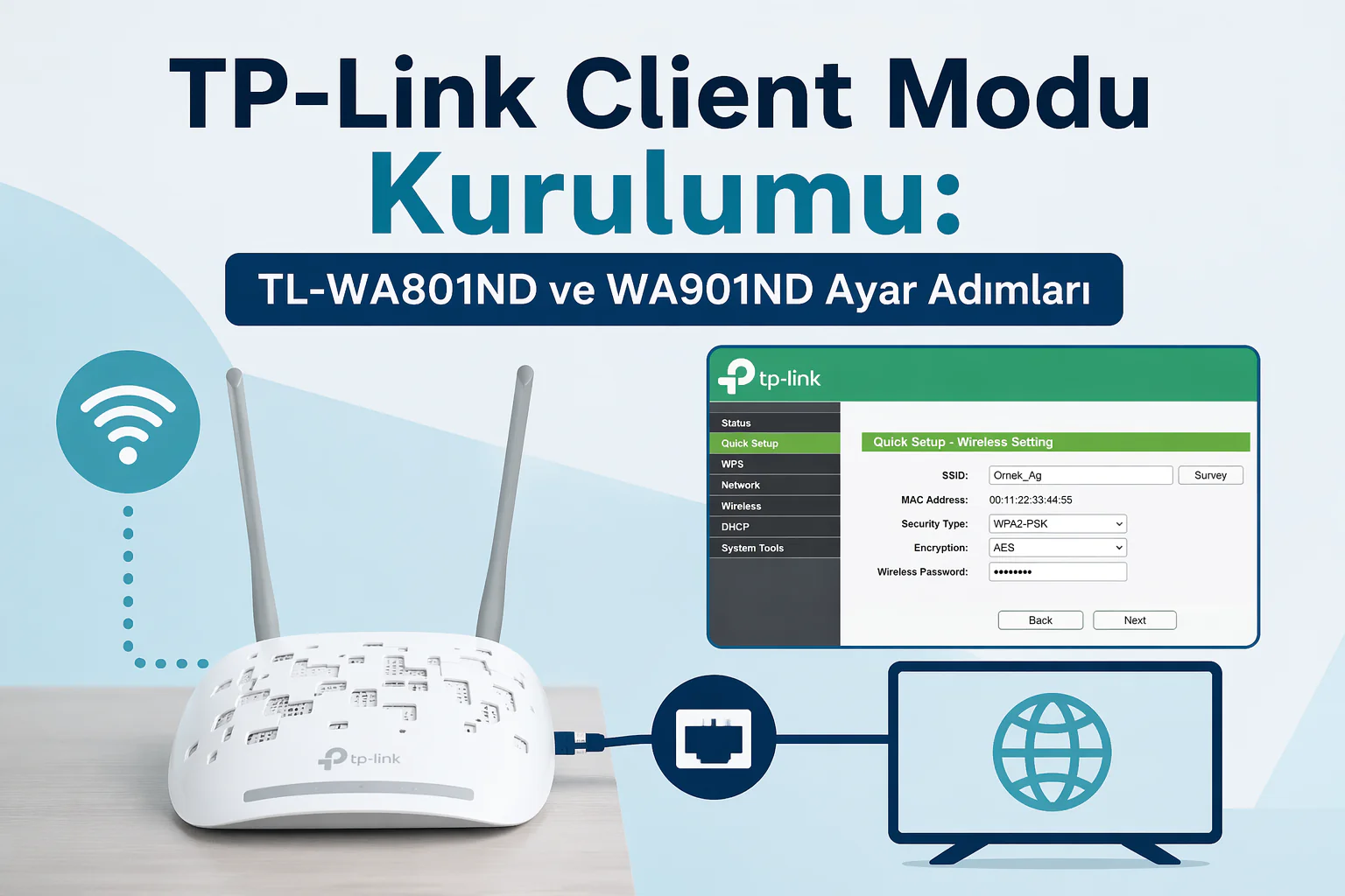 tp-link client modu kurulumu için arayüzde kablosuz ağ seçimi ve yapılandırma ekranı