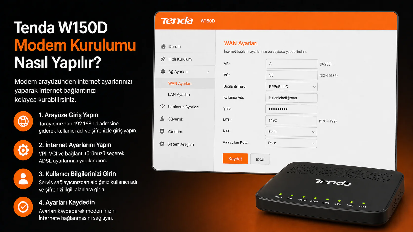 Tenda W150D modem kurulumu için internet ayar ekranı görüntüsü
