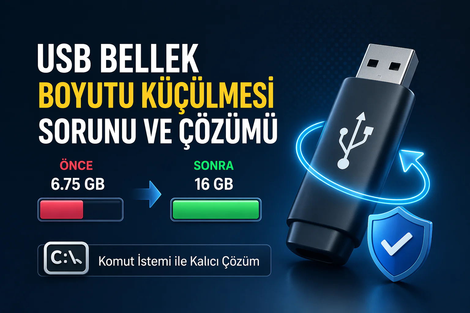 USB belleğin kapasitesi düşmüş durumda olan aygıtın komut istemiyle eski boyutuna getirilmesi