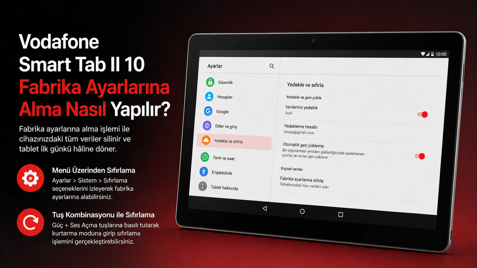Vodafone Smart Tab II 10 fabrika ayarlarına alma ve sıfırlama ekranı