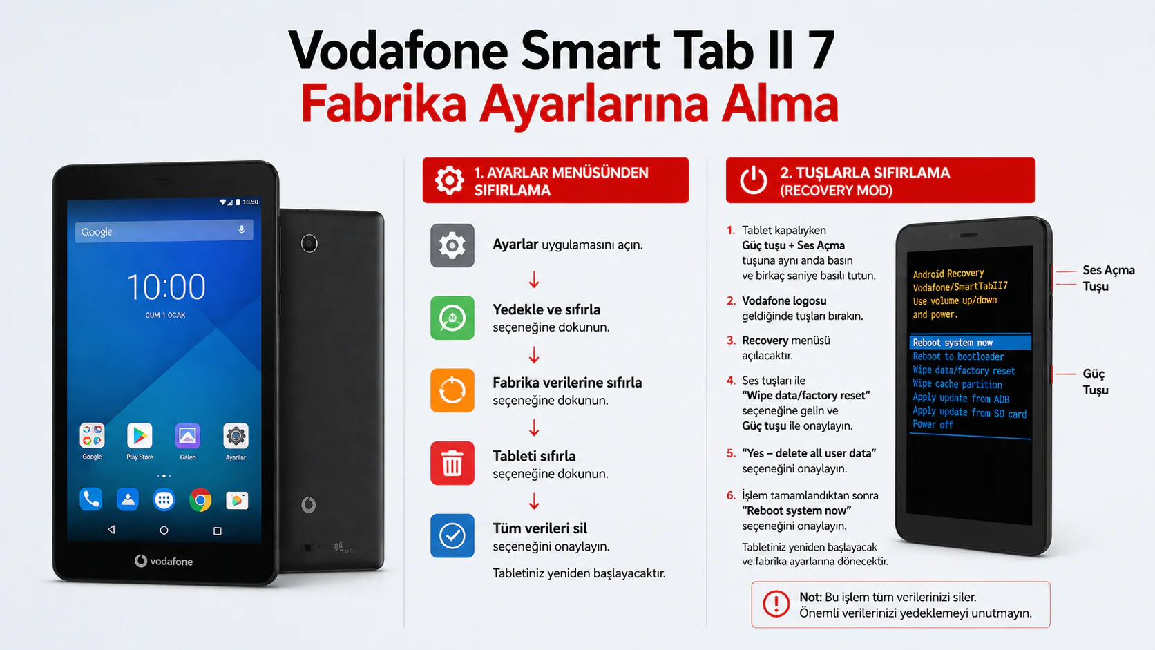 Vodafone Smart Tab II 7 tablette ayarlar menüsünden ve tuşlarla fabrika ayarlarına sıfırlama işlemi