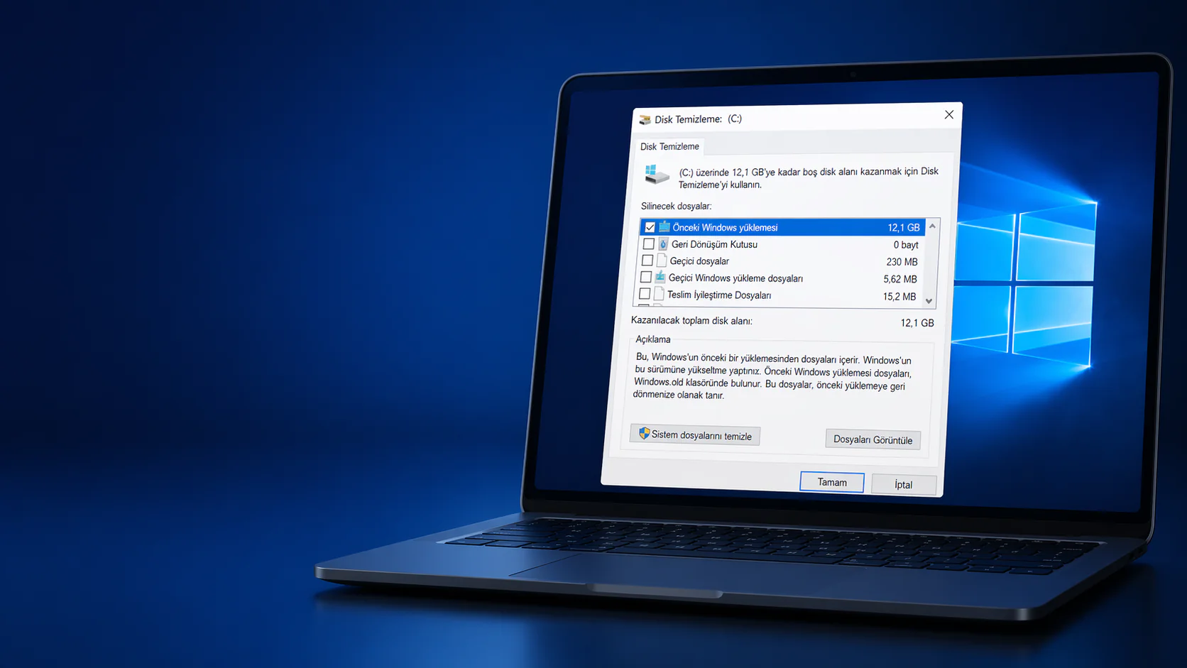 windows.old klasörü silme işlemi için disk temizleme ekranında seçili seçenekler görünümü