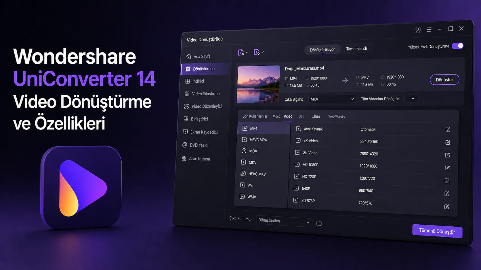 Wondershare UniConverter 14 video dönüştürme ekranı ve format seçenekleri