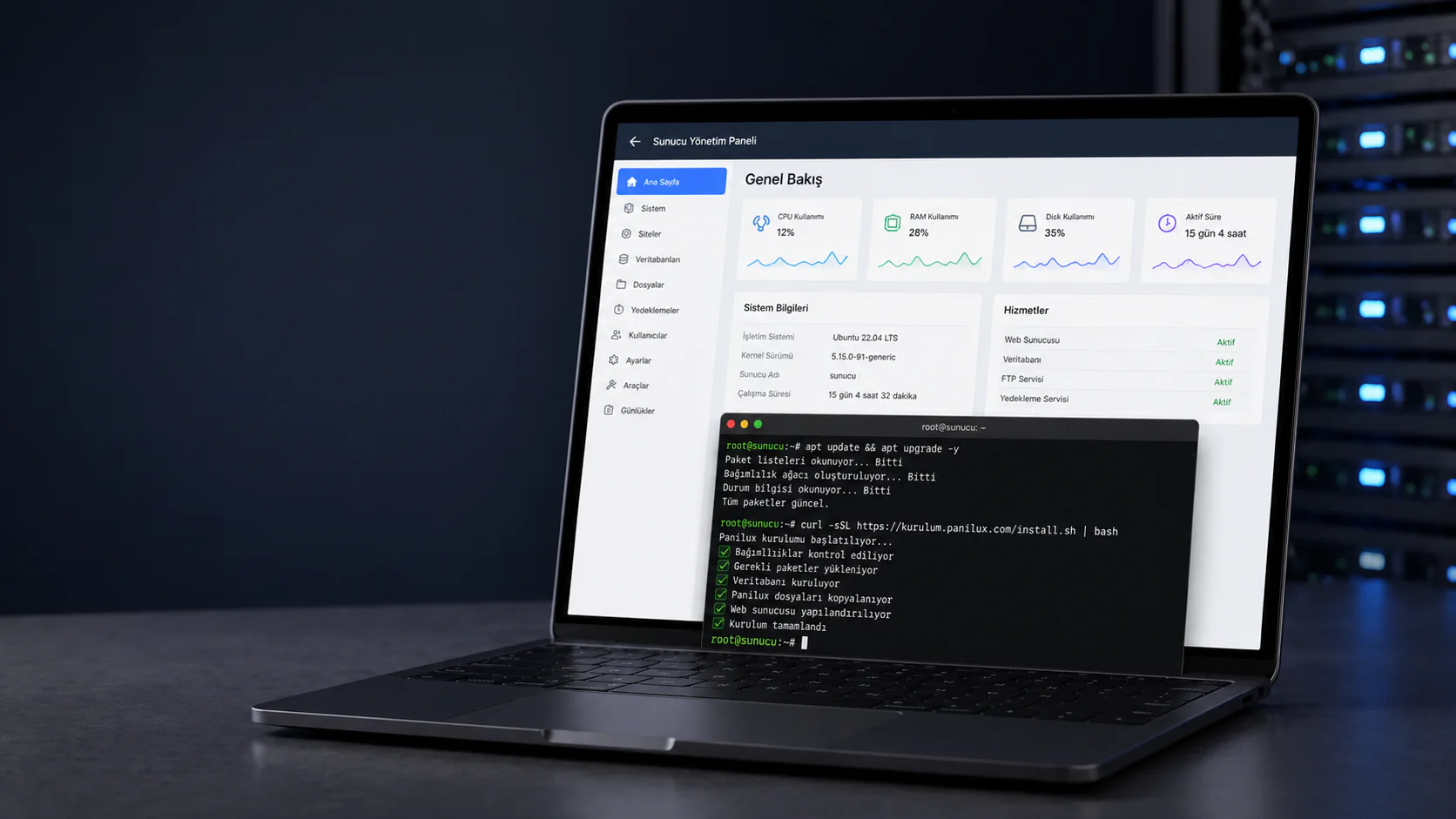 Panilux sunucu yönetim paneli kurulum ekranı ve Linux terminal komutları