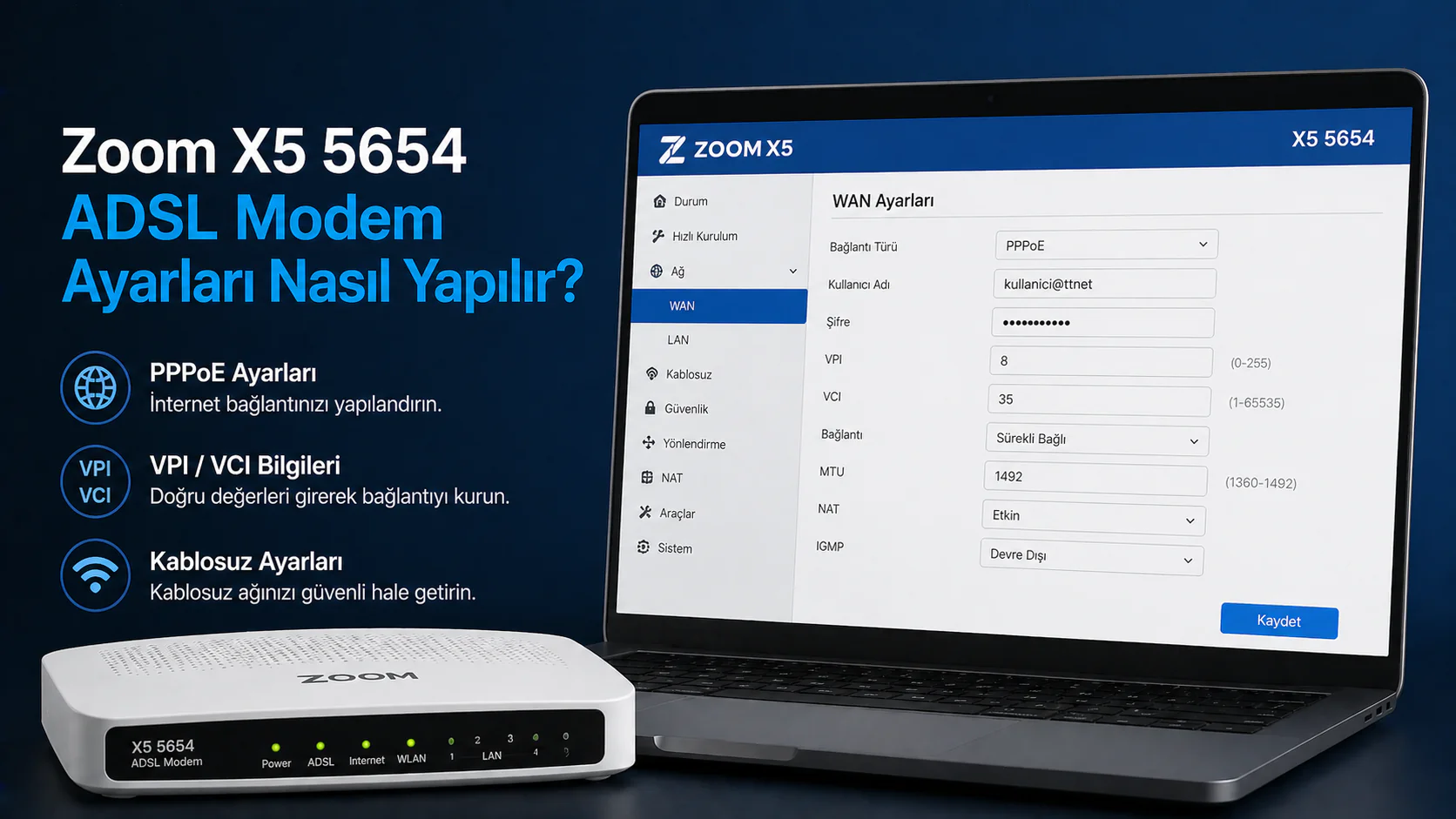 Zoom X5 5654 ADSL modem ayarları ve arayüz yapılandırma ekranı
