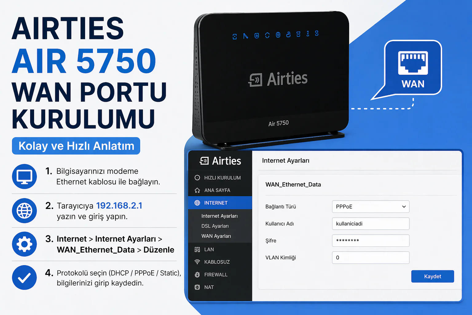 Airties Air 5750 Wan ayarları arayüzünde PPPoE ve DHCP seçenekleri ekranı
