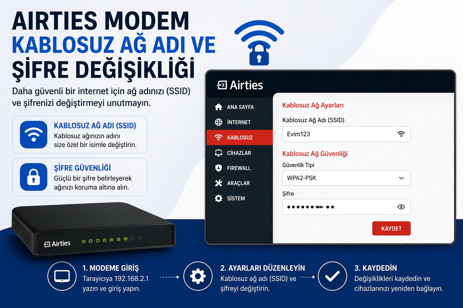 Airties Modem Kablosuz Ağ Adı ve Şifre Değişikliği ayar ekranı ve SSID düzenleme paneli