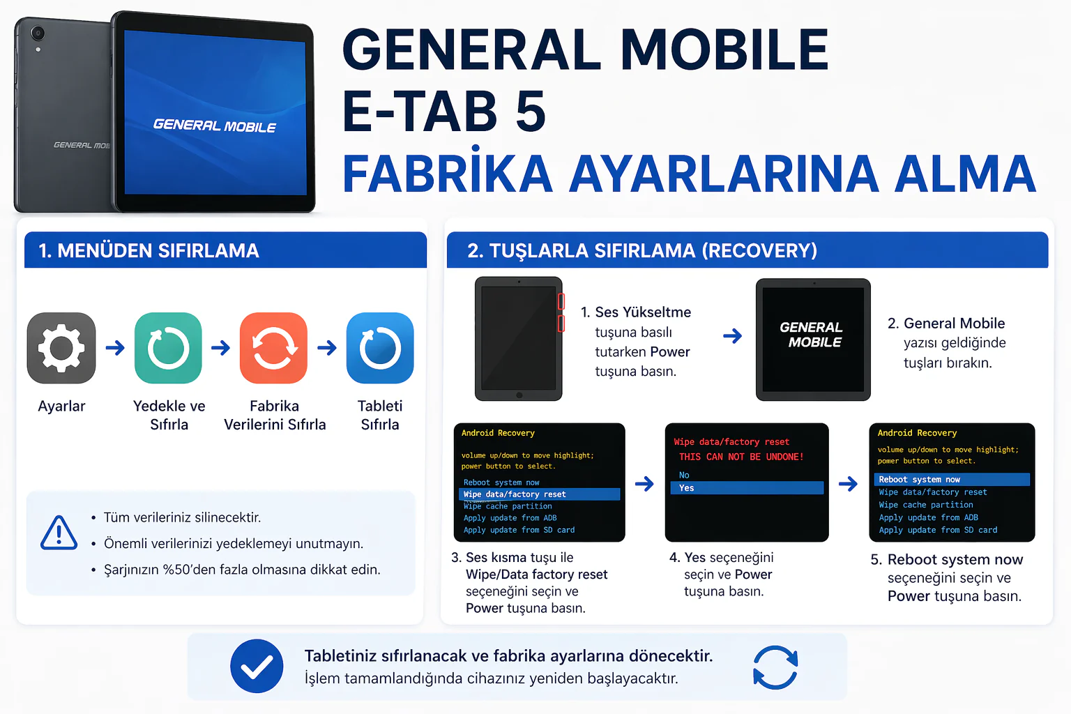 general mobile e-tab 5 fabrika ayarları adımlarını gösteren tablet sıfırlama ve recovery ekranı
