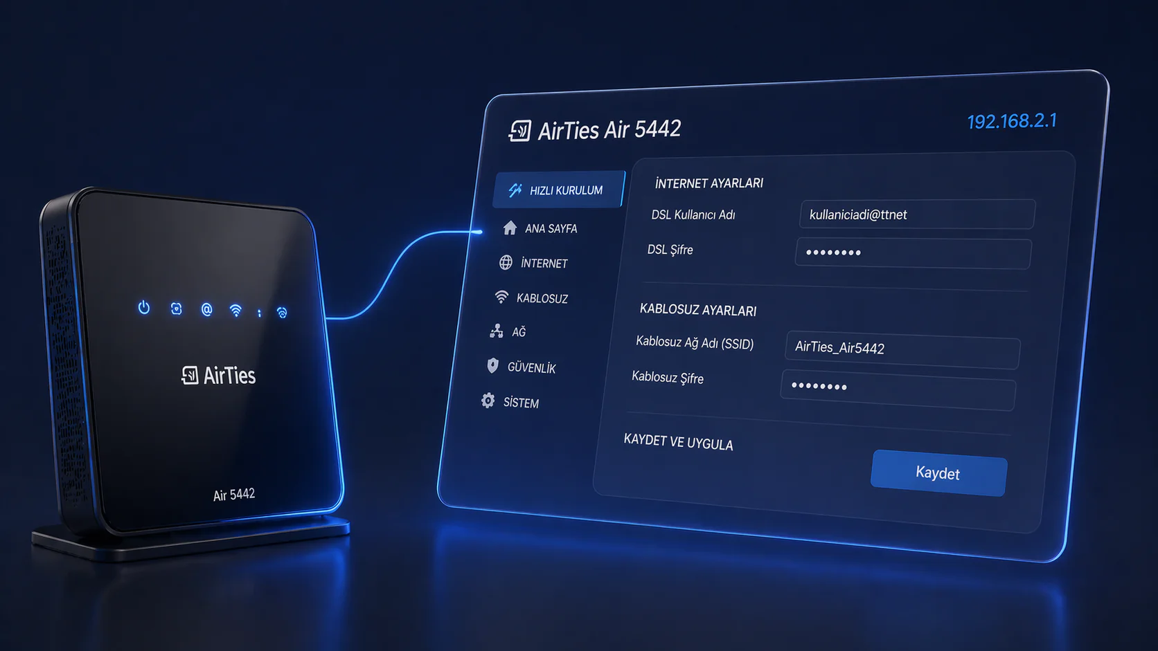 AirTies Air 5442 kurulumu için modem arayüz ayar ekranı görüntüsü