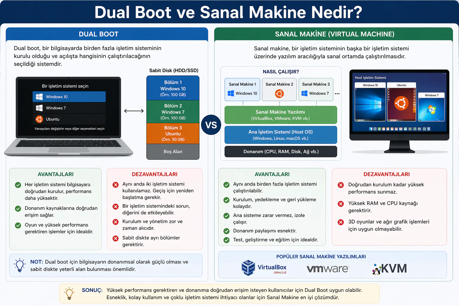 Dual boot ve sanal makine farkını gösteren iki işletim sisteminin yan yana çalıştığı ekran görüntüsü