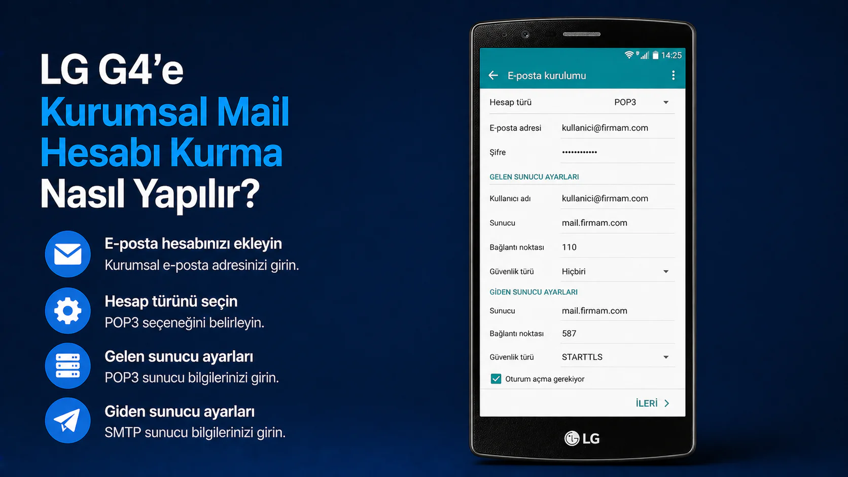 LG G4’e kurumsal mail hesabı kurma ve e-posta ayar ekranı