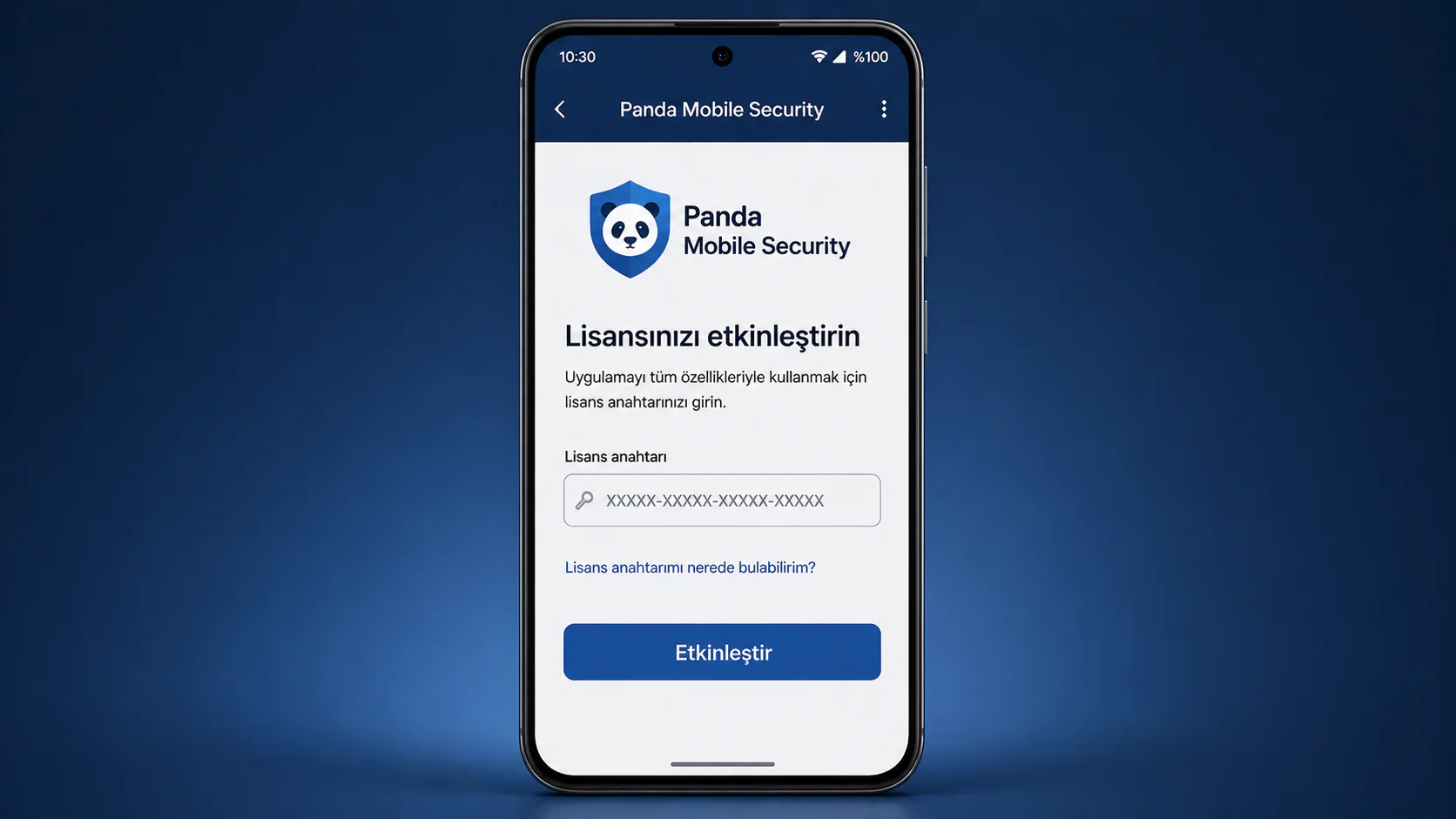 Panda Mobile Security antivirüs lisansı etkinleştirme ekranı görseli