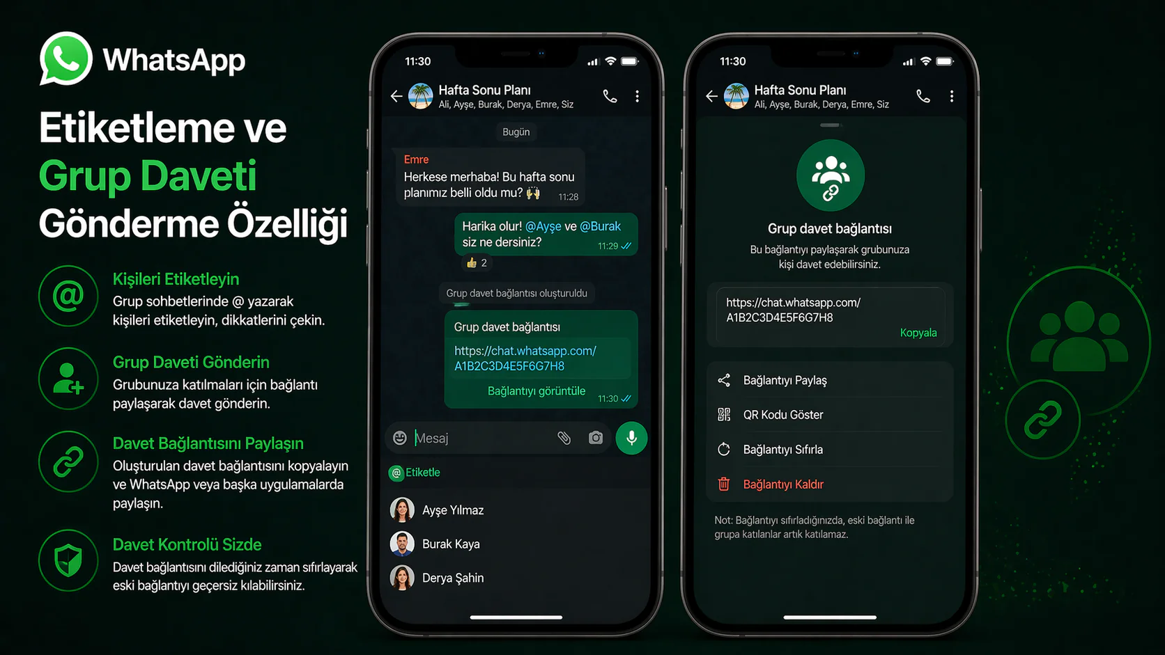 WhatsApp etiketleme grup daveti özelliği ile sohbet ekranı görüntüsü