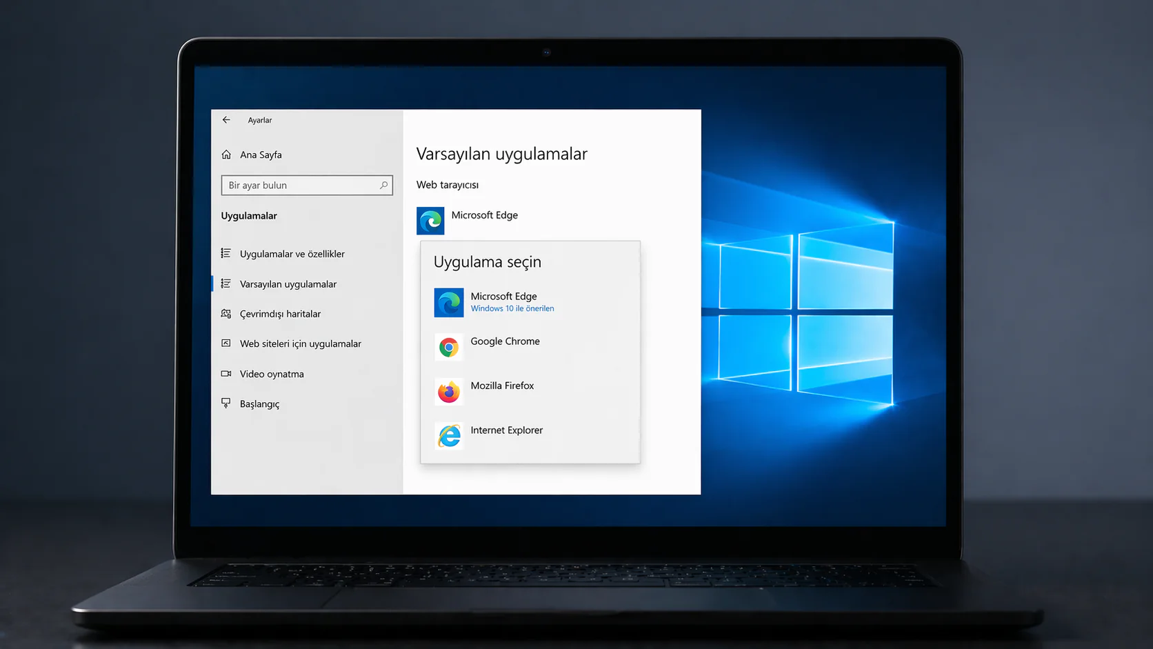 Windows 10 varsayılan tarayıcı ayarı ekranında web tarayıcısı seçimi