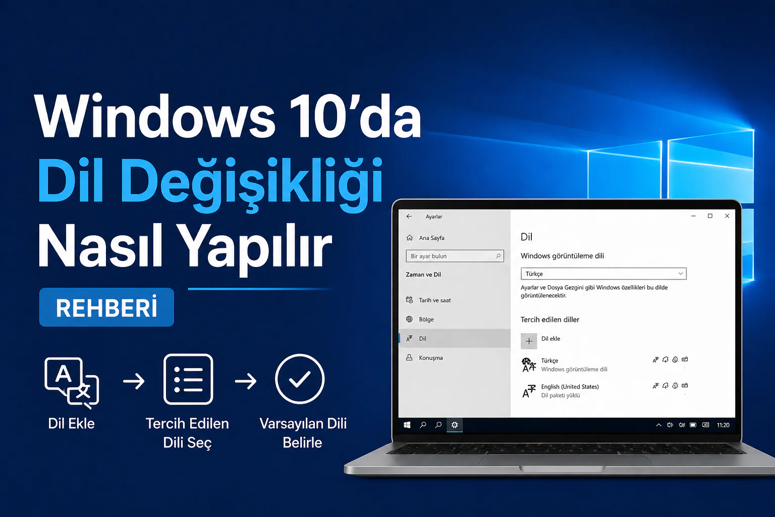 Windows 10’da dil değişikliği ayarları ekranında dil seçimi adımı görünümü
