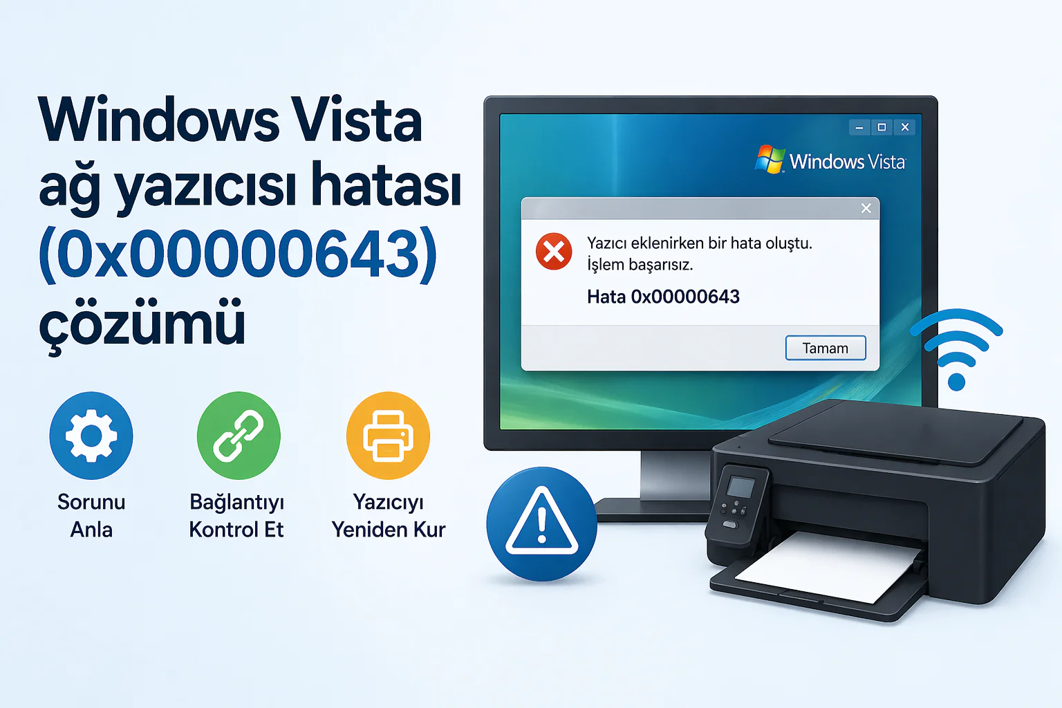 Windows Vista ağ yazıcısı hatası 0x00000643 sırasında bağlantı ve kurulum problemi ekranı