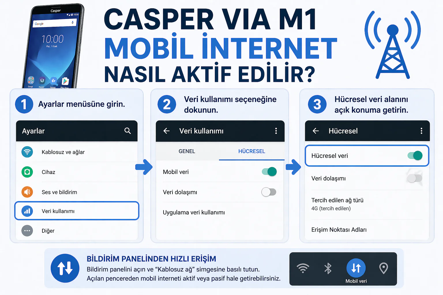 casper via m1 mobil internet ayarlarında hücresel veri seçeneğinin açılması