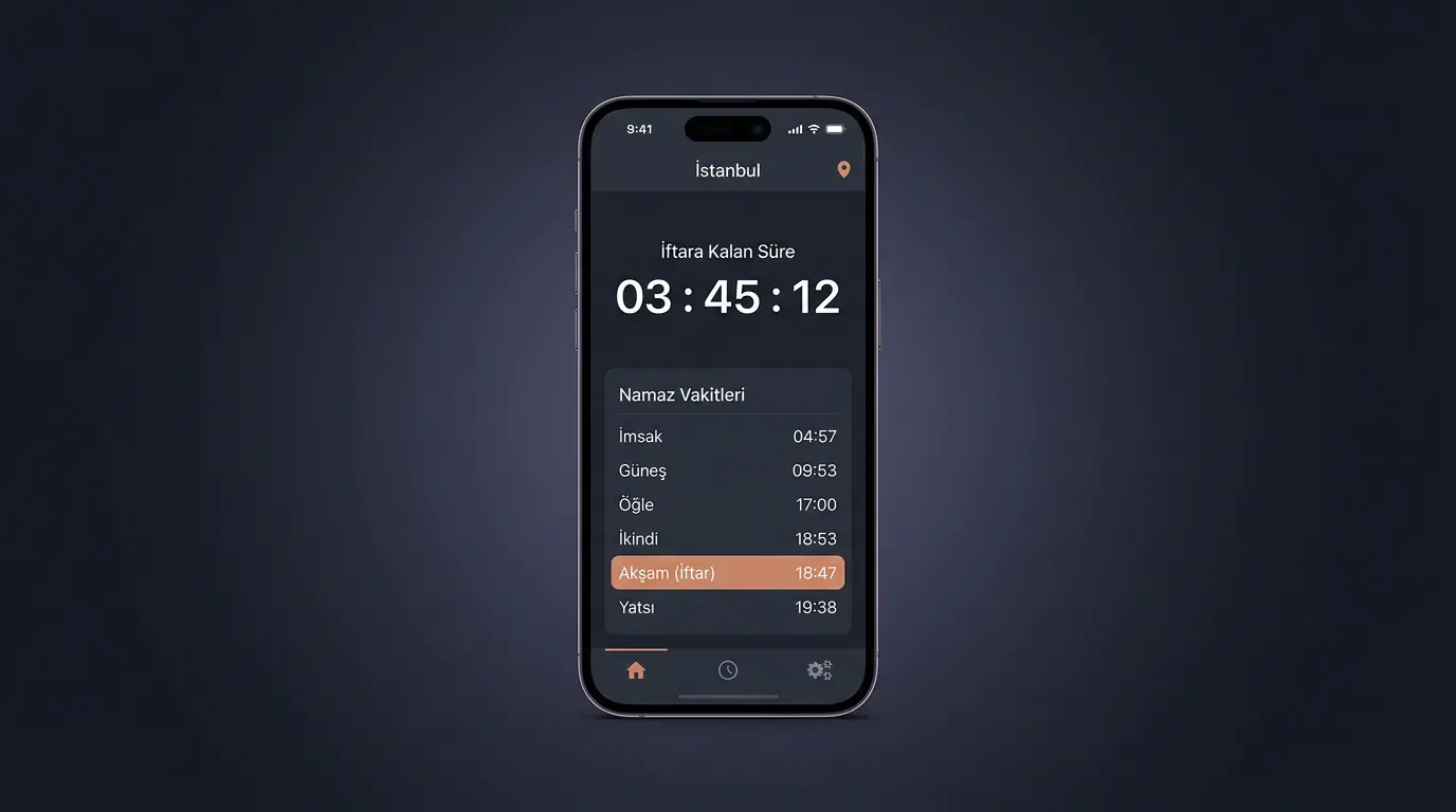 İftar vakti takip uygulaması ana ekranında kalan süre sayacı ve namaz vakitleri bölümünün gösterildiği mobil ekran görüntüsü
