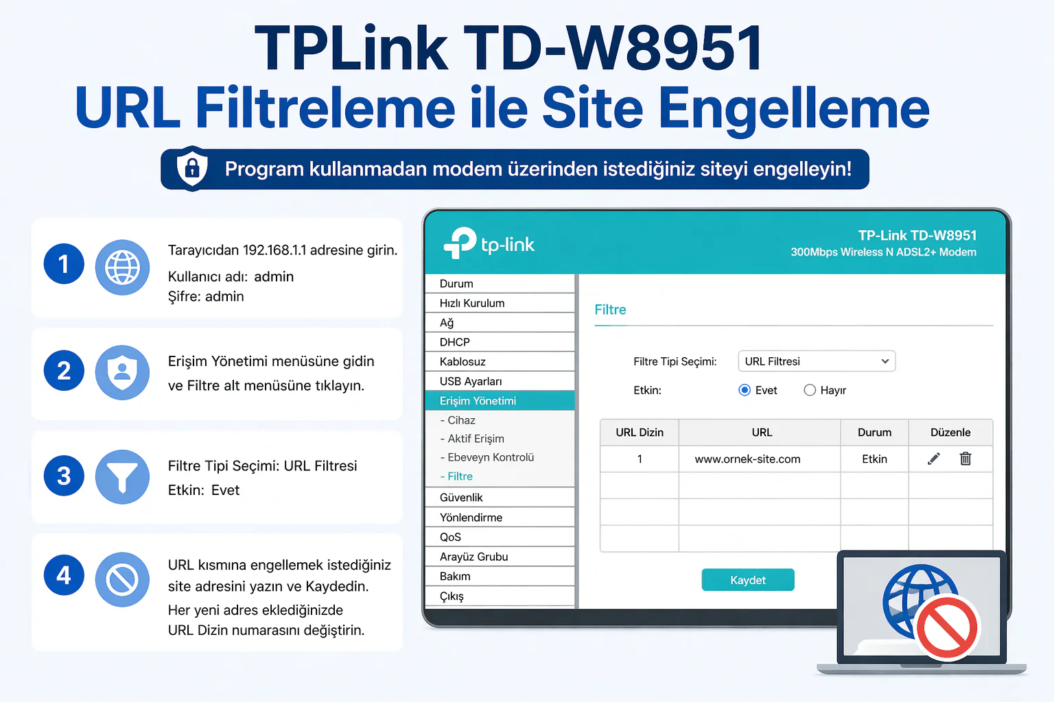 tplink td-w8951 url filtreleme ekranında modem arayüzü site engelleme ayarları görünümü