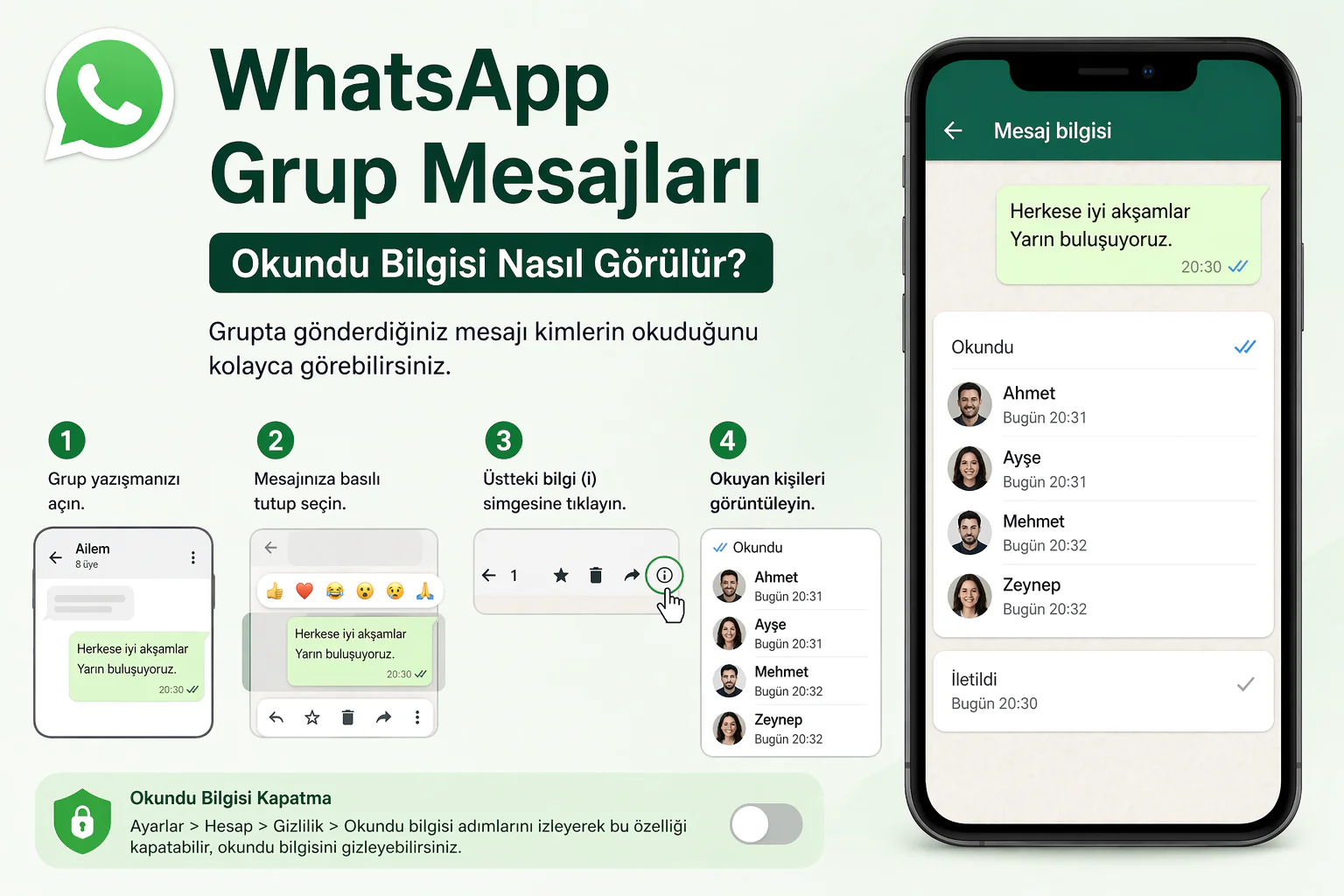 WhatsApp Grup Mesajları ekranında mesaj bilgi sayfası ve okuyan kişiler listesi