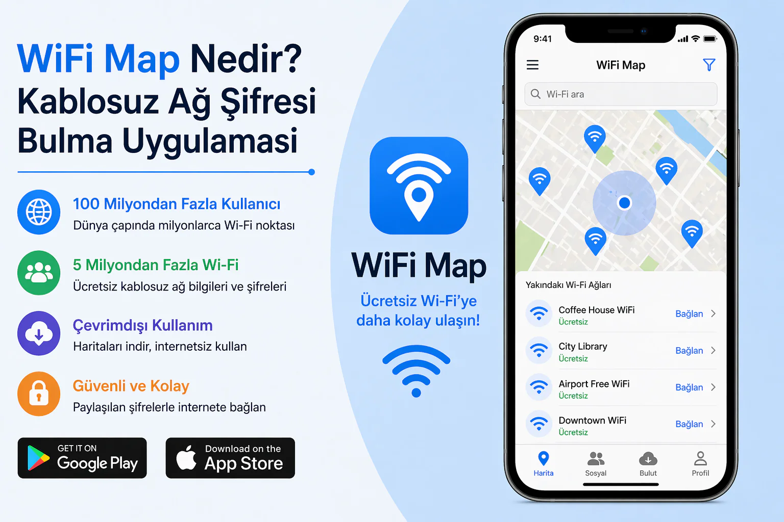 wifi map uygulamasında harita üzerinde ücretsiz kablosuz ağ ve şifre listesi görünümü