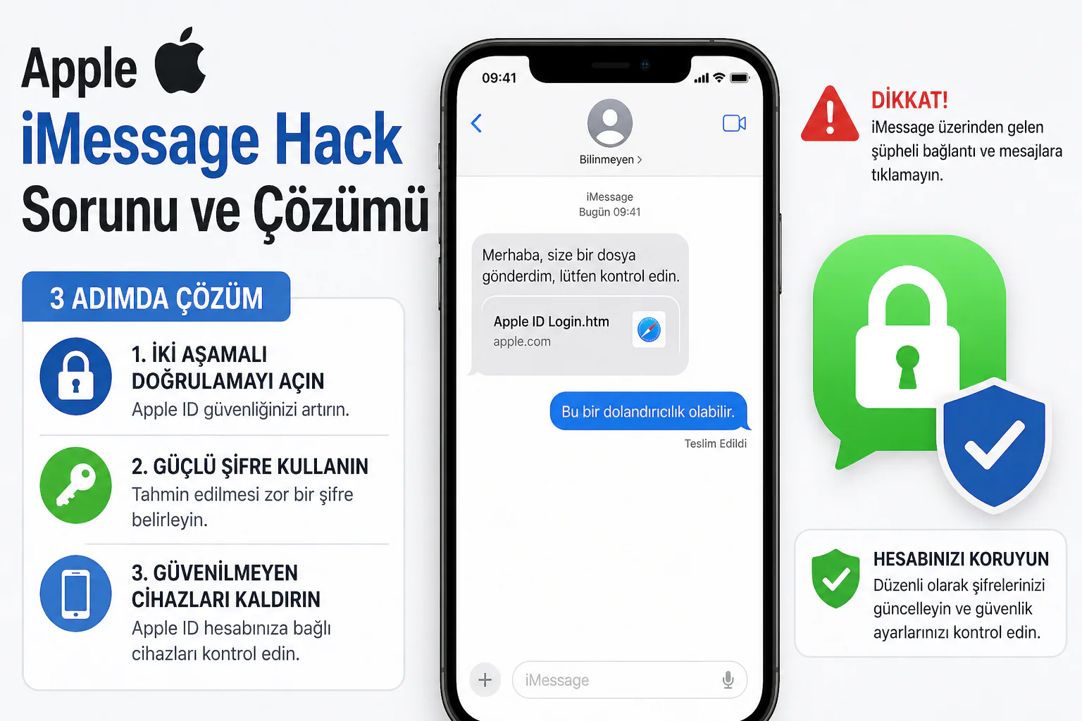 Apple iMessage hack sorunu ve çözümü için güvenlik uyarısı ve mesaj ekranı gösterimi
