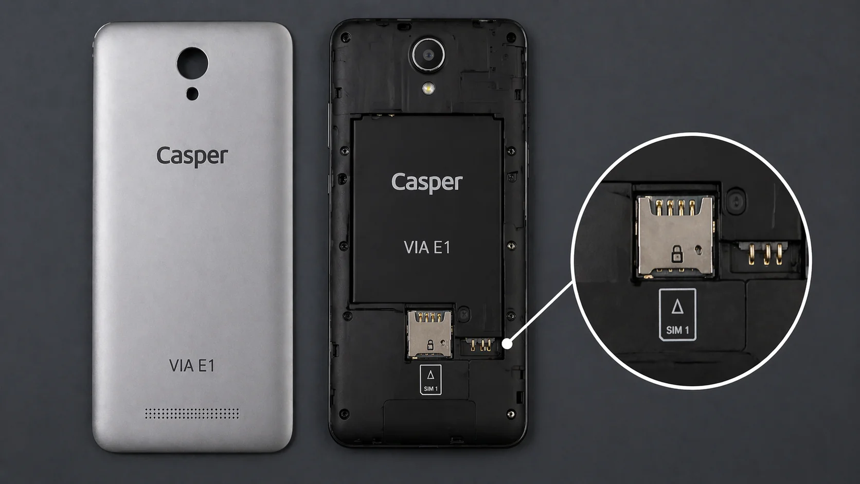 Casper Via E1 sim kart girişinin arka kapak altındaki yerini gösteren telefon görüntüsü