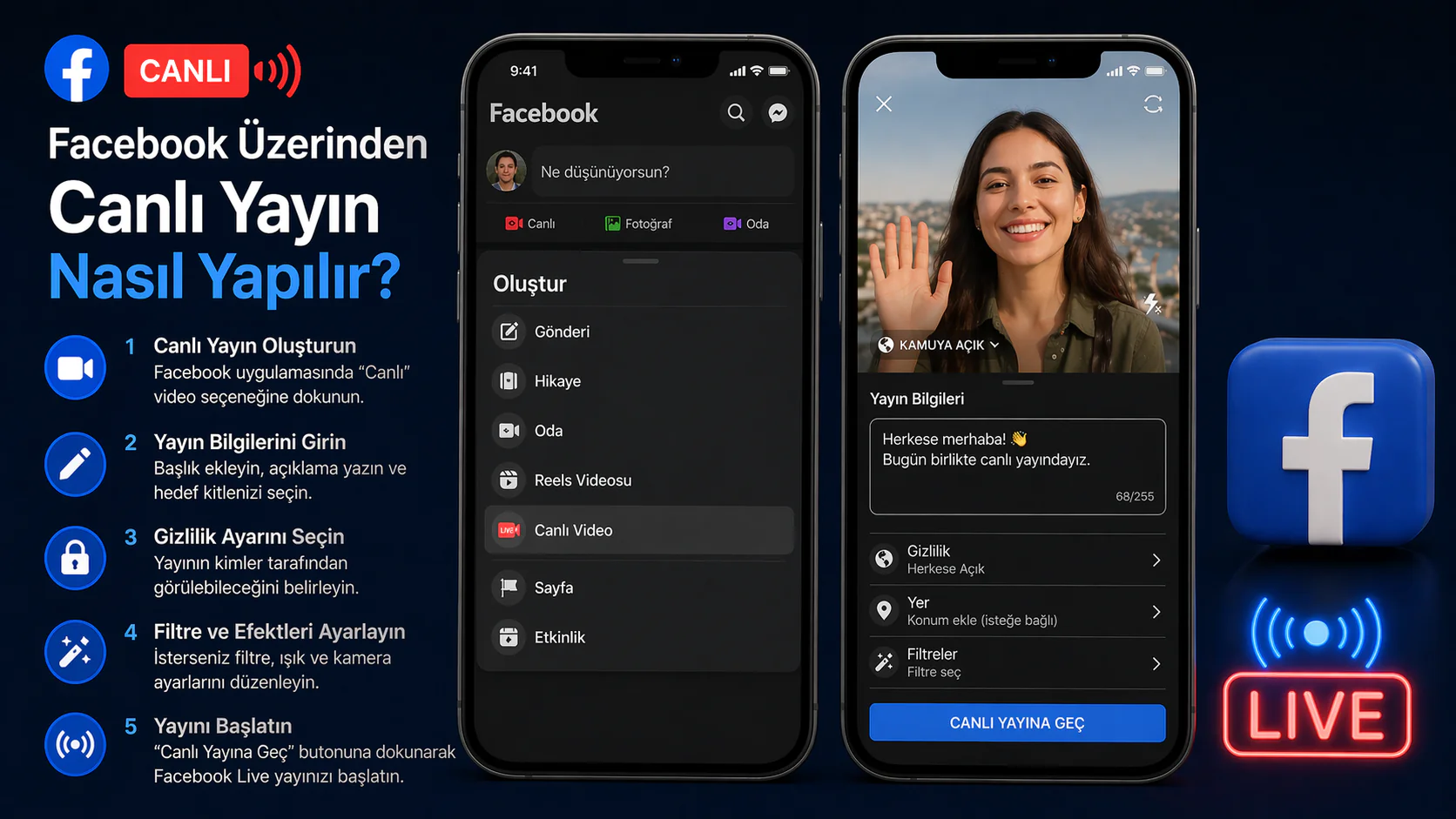 Facebook üzerinden canlı yayın açma ekranı ve yayın ayar seçenekleri