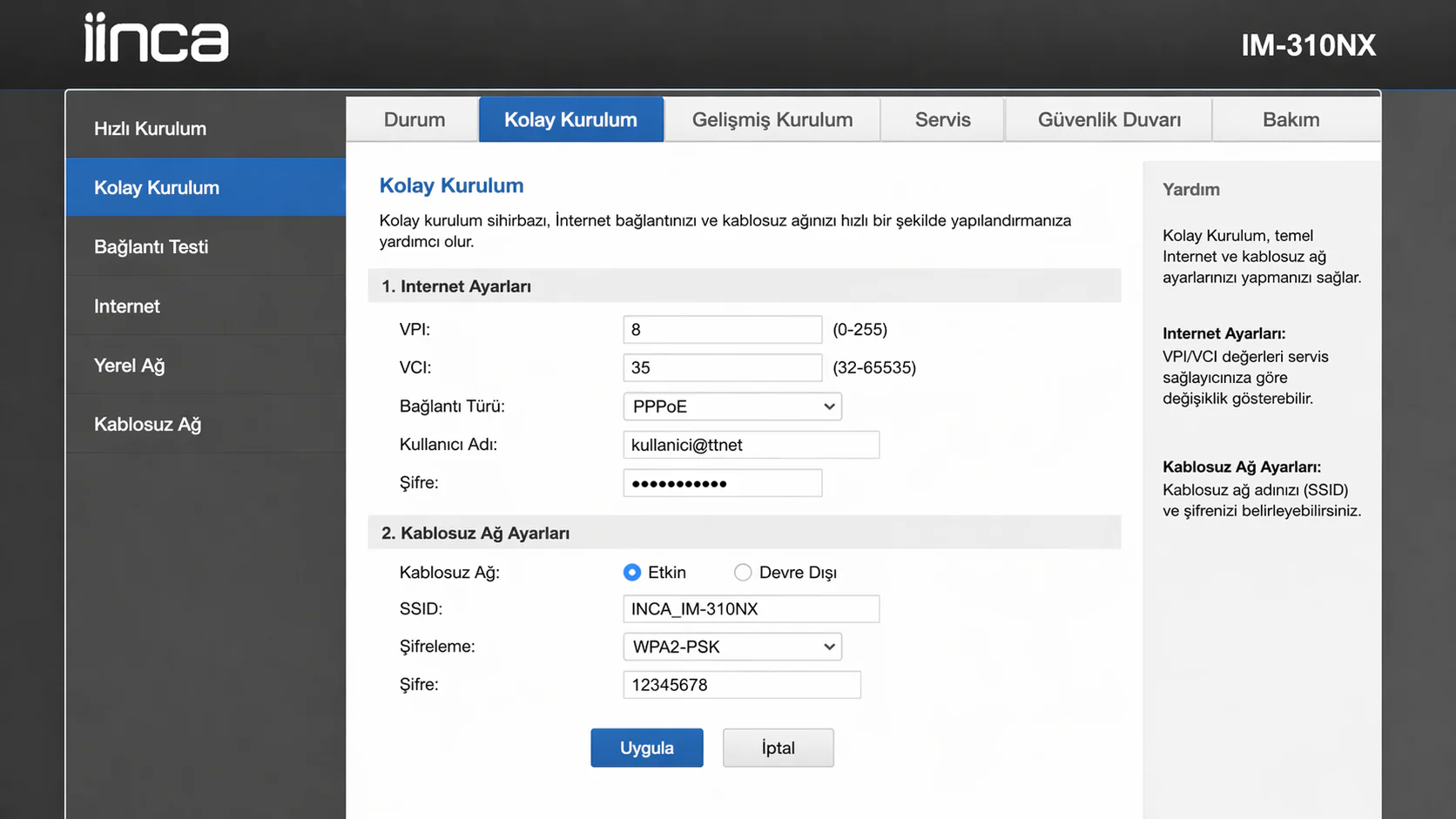 INCA IM-310NX modem kurulumu için 192.168.1.1 web arayüzündeki Kolay Kurulum ekranının görüntüsü