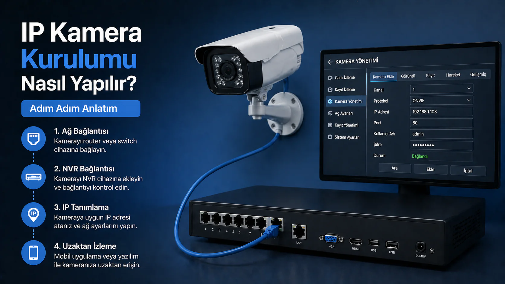 IP kamera kurulumu için ağ bağlantısı ve kayıt cihazı ayarları