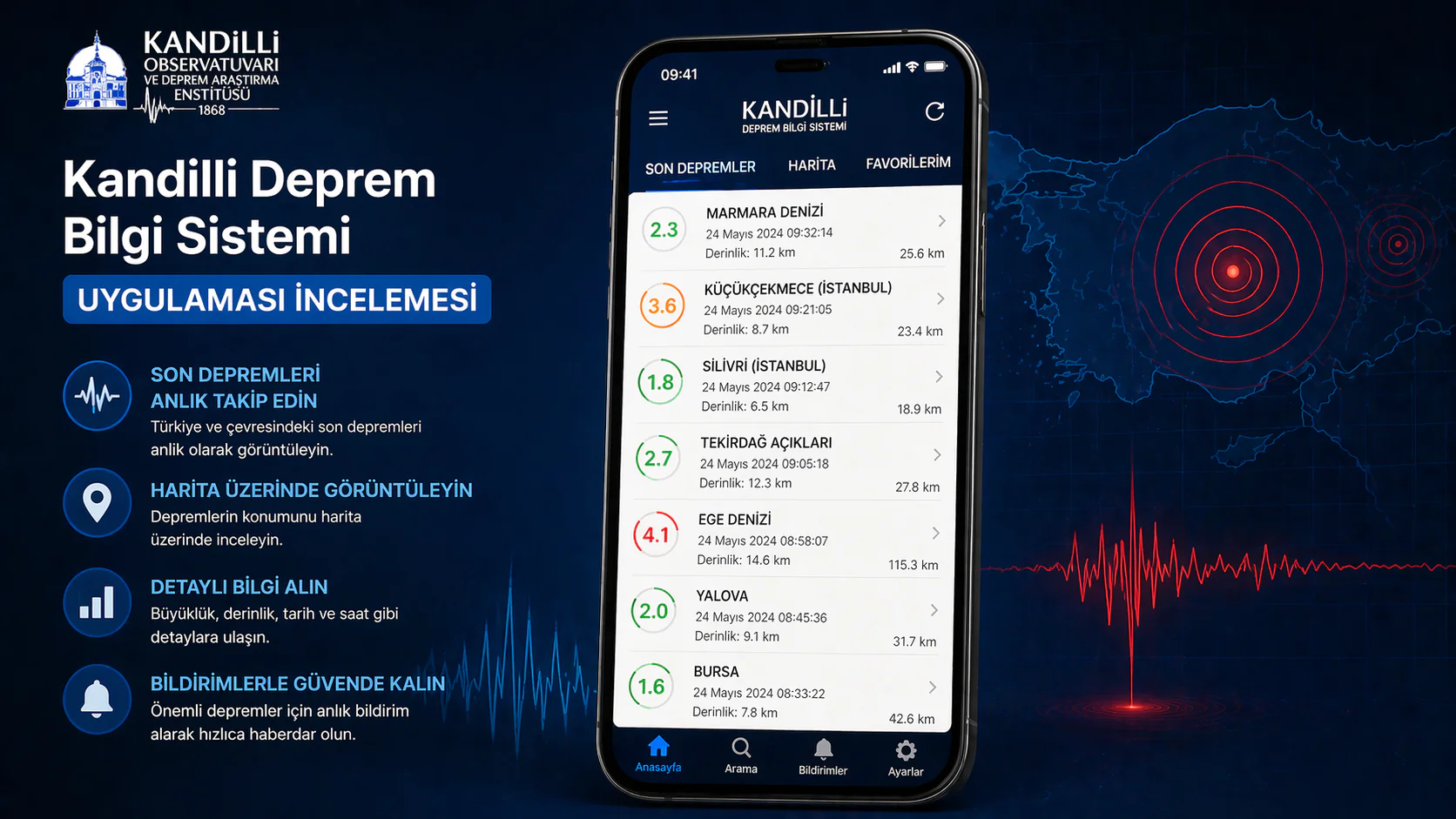 Kandilli Deprem Bilgi Sistemi uygulaması son depremler ekranı görüntüsü