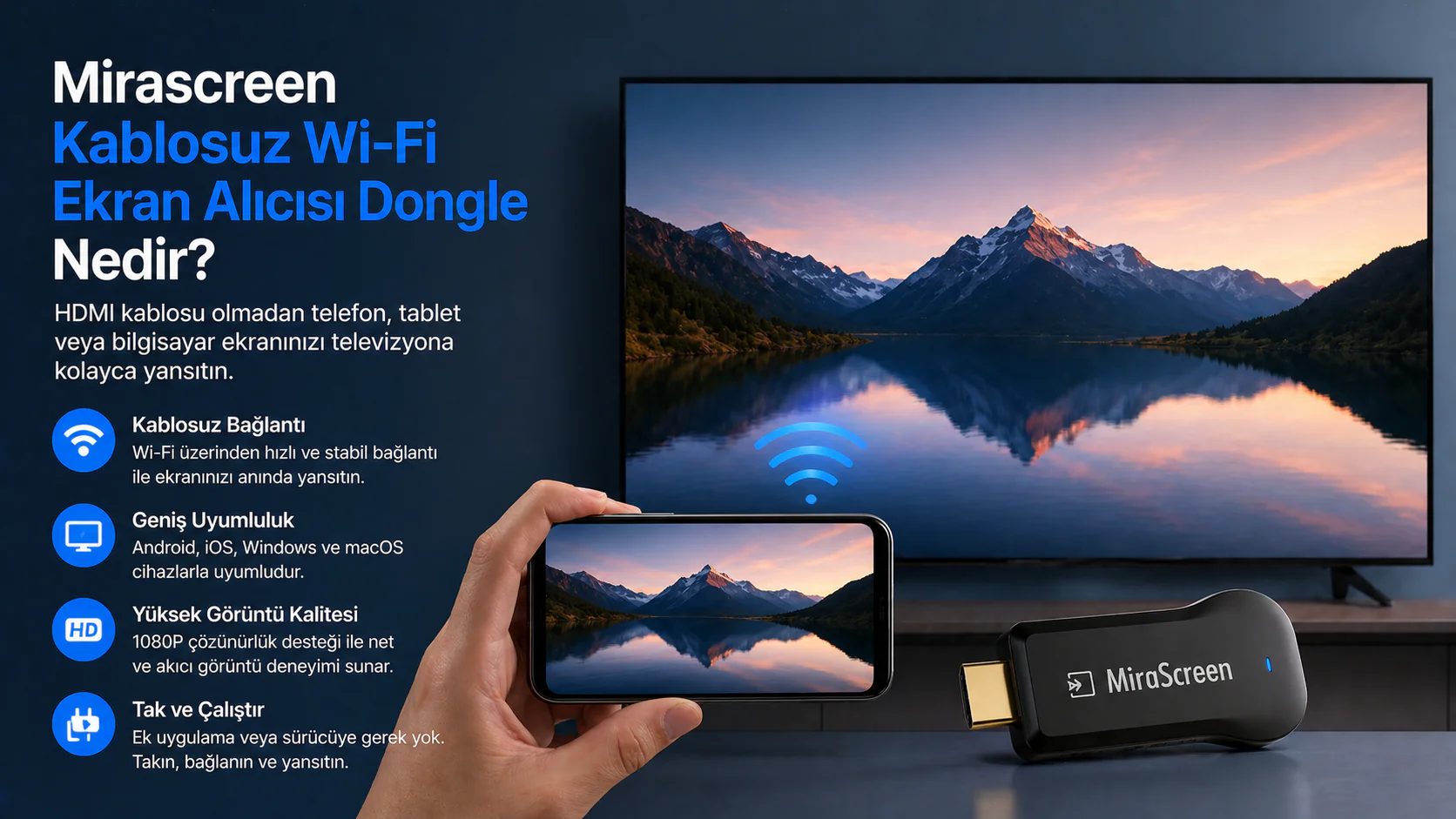 Mirascreen kablosuz Wi-Fi ekran alıcısı dongle ile telefondan TV’ye görüntü aktarımı
