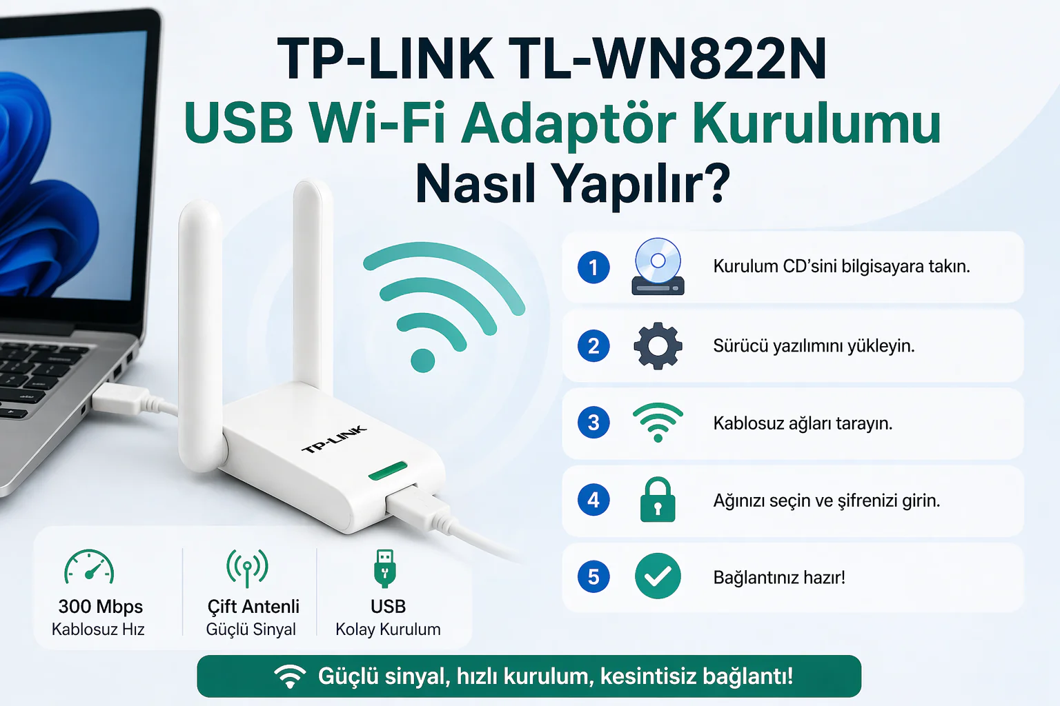 TP-LINK TL-WN822N USB Wi-Fi Adaptör Kurulumu ekranında sürücü yükleme ve bağlantı ayarları
