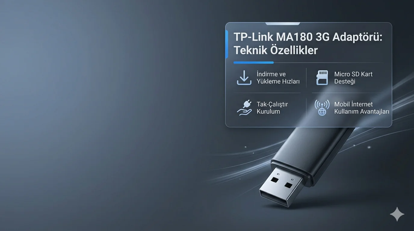 TP-Link MA180 USB 3G modem adaptörünün teknik özelliklerini gösteren ürün görseli