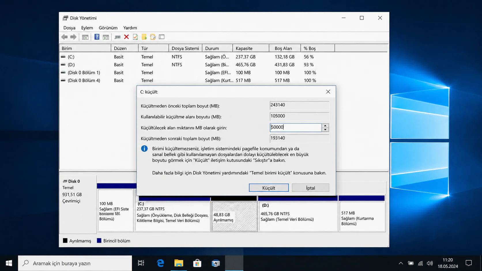 Windows 10 Disk Yönetimi ekranında birimi küçülterek yeni disk bölümü oluşturma işlemi