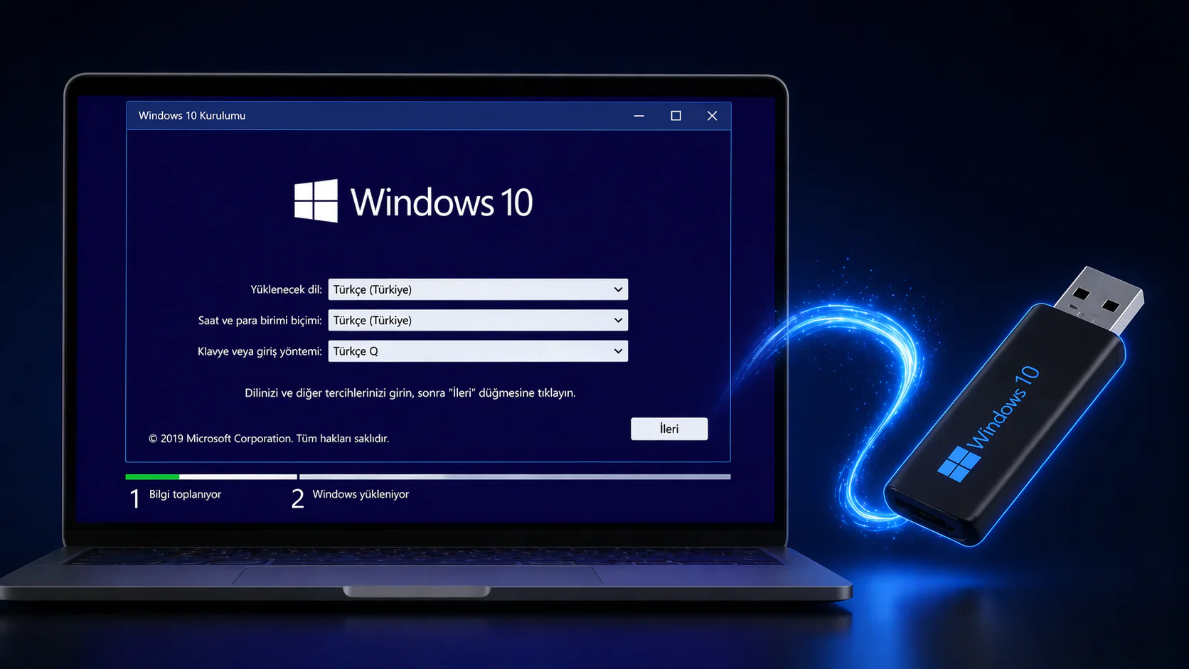 Windows 10 temiz kurulum ekranı ve yükleme adımları görüntüsü