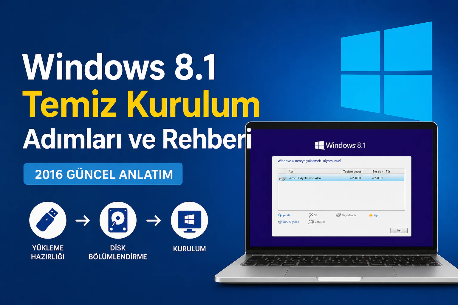 Windows 8.1 temiz kurulum sırasında disk seçimi ve kurulum ekranı görünümü