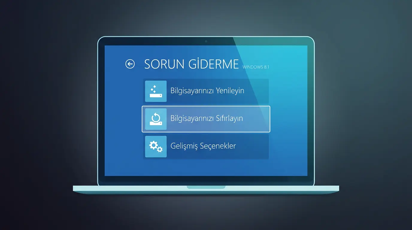 Windows 8.1 sıfırlama işlemi için kurtarma medyası ekranı ve bilgisayarı sıfırlama adımlarının gösterildiği ekran görüntüsü