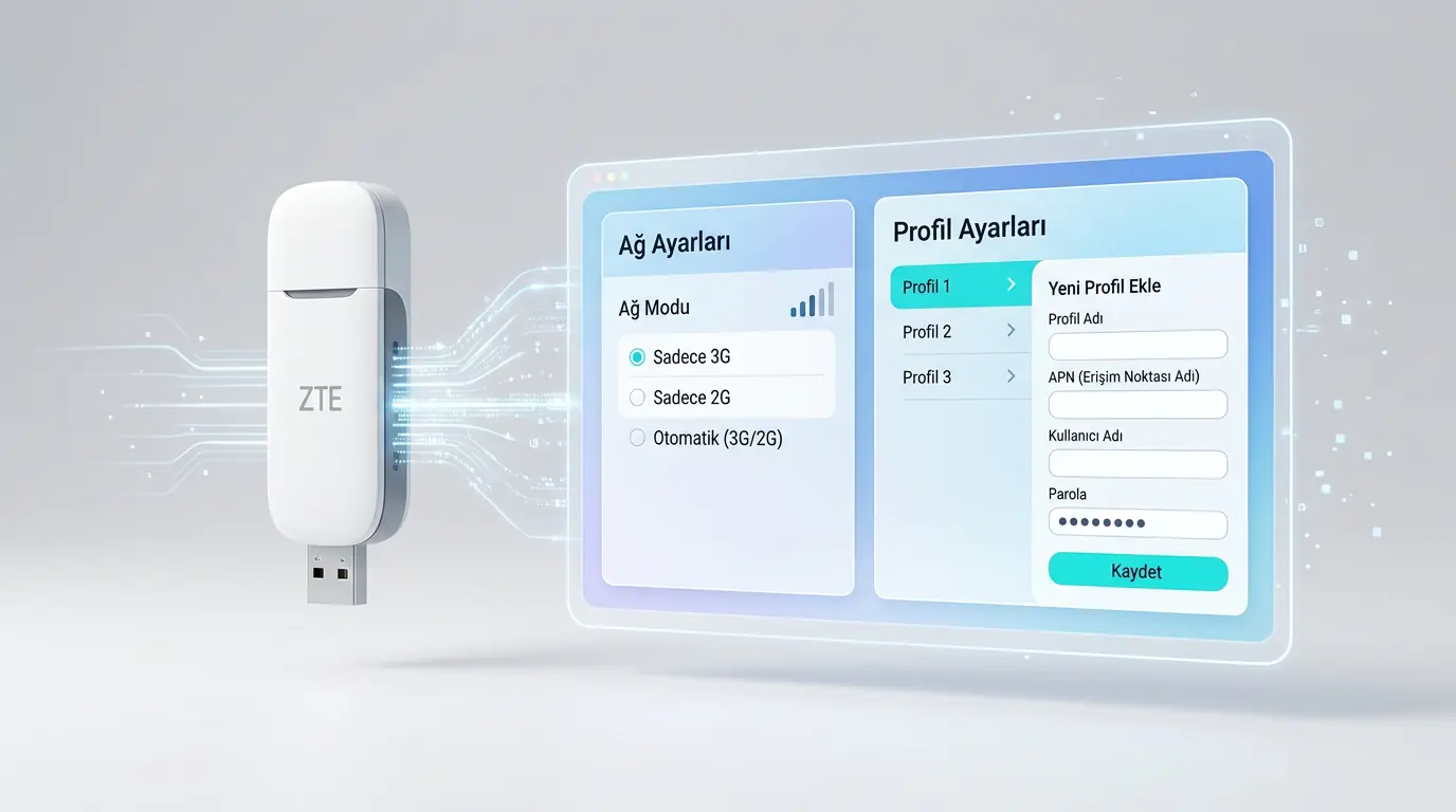 ZTE MF 627 USB modem kurulumu sırasında şebeke seçimi ve profil oluşturma ekranlarının gösterildiği arayüz görüntüsü