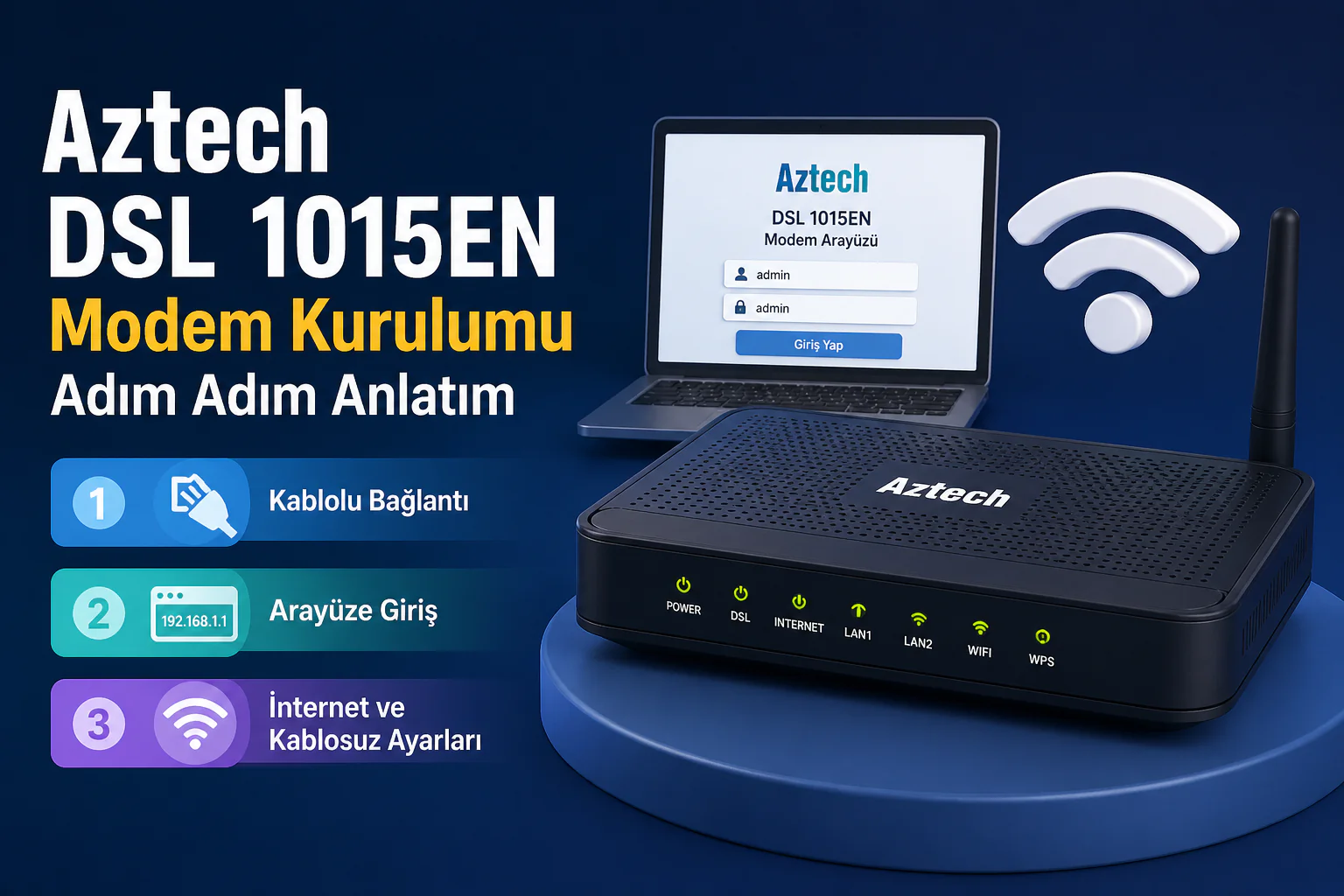 aztech dsl 1015en modem kurulumu arayüz giriş ekranı ve kablosuz ayarların yapılandırılması