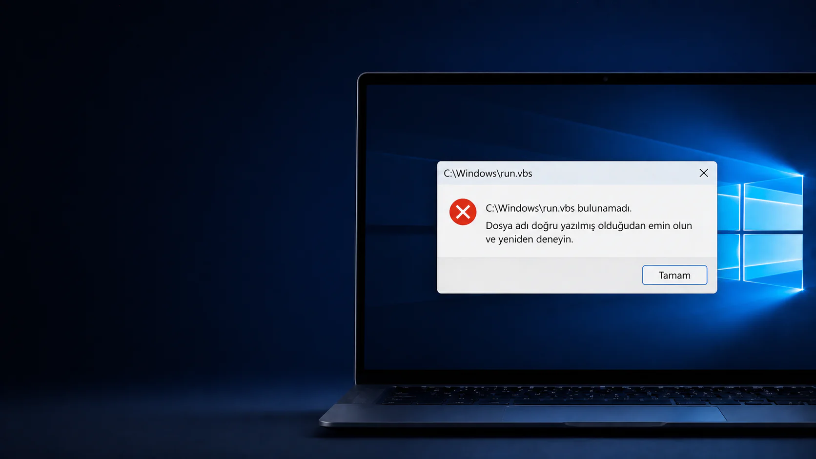 C:\Windows\run.vbs hatası ekranı ve Windows masaüstü açılmama sorunu görüntüsü