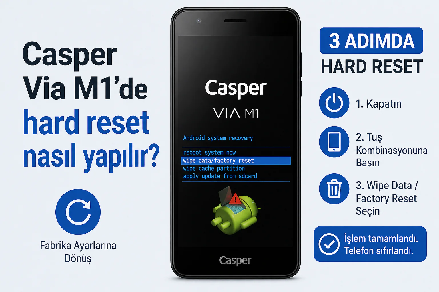 Casper Via M1’de hard reset nasıl yapılır, telefon sıfırlama ekranı ve tuş kombinasyonu gösterimi