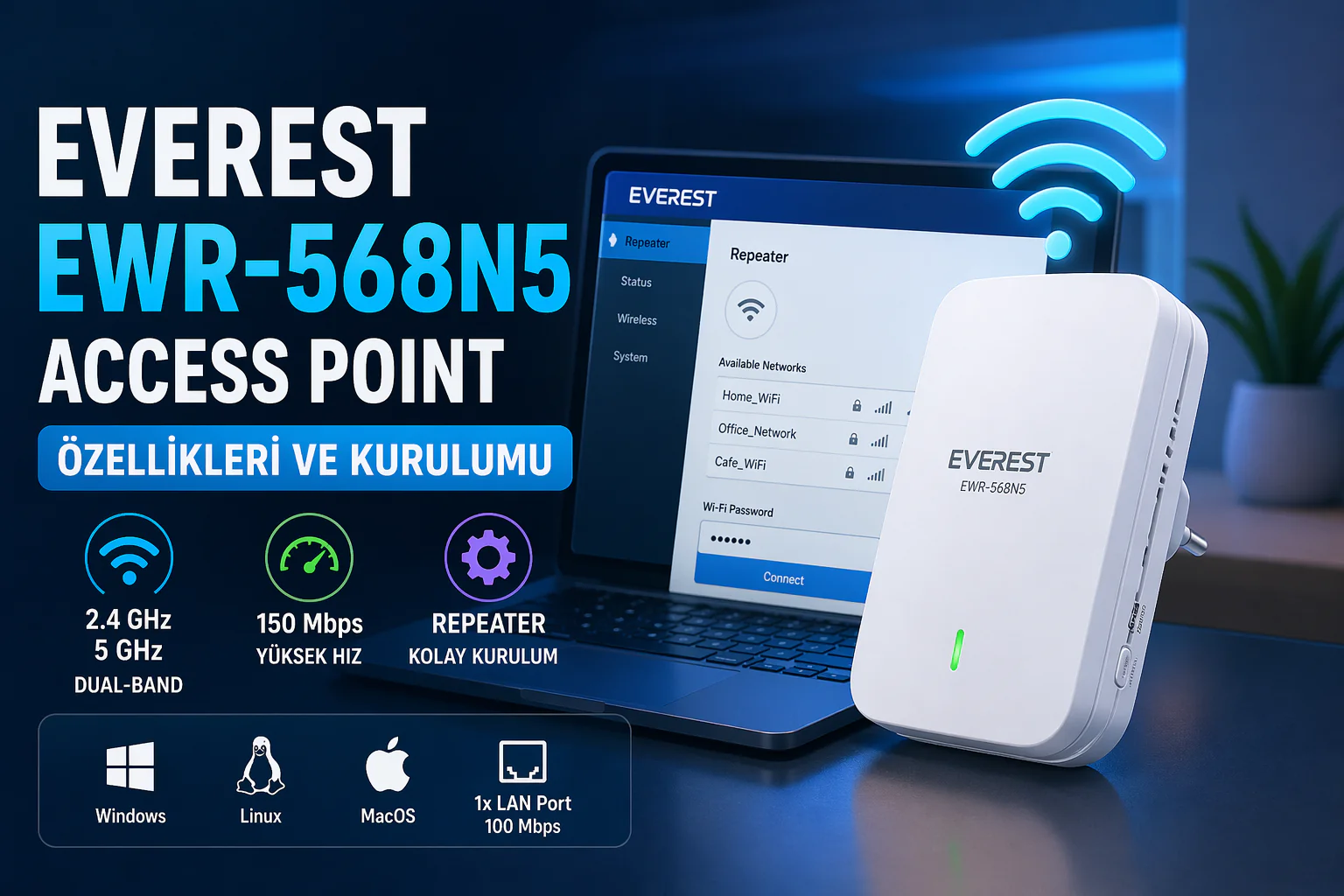 Everest EWR-568N5 Access Point özellikleri ve kurulumu gösteren kurulum ekranı ve cihaz görünümü