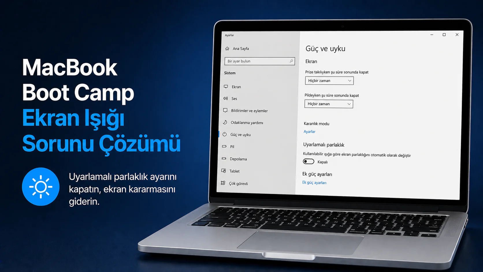 MacBook Boot Camp ekran ışığı sorunu için güç ayarları ekranı