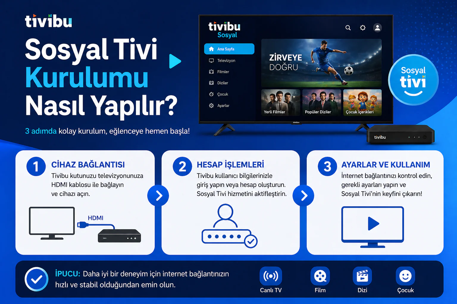 tivibu sosyal tivi kurulumu için televizyon arayüzü ve bağlantı ayarları ekranı