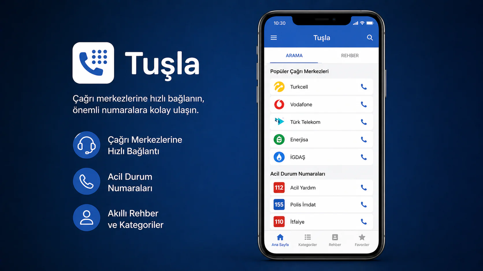 Tuşla uygulaması çağrı merkezi arama ve akıllı telefon rehberi ekranı